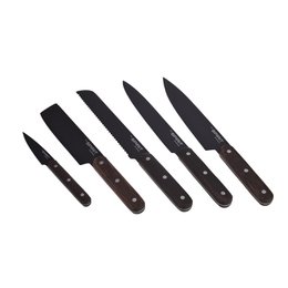SOSL, Set de 5 Pièces, Ensemble Couteaux de Cuisine, Set Acier Inoxydable, Titane, avec Bloc en Bois d'Acacia, Couteaux de Chef, Pain, Écumoire,Viande, Poisson, Lame Noire