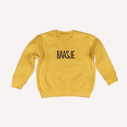 A cozy, long-sleeved sweater for babies and toddlers, available in a variety of colors including clay, sand, dream blue, soft pink, olive green, spicy mustard, and lavendel. The sweater features the text "Boss Baby" printed on the front.