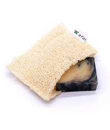 Luffa soap holder case in beige color, made of natural luffa material, suitable for storing and drying soap.