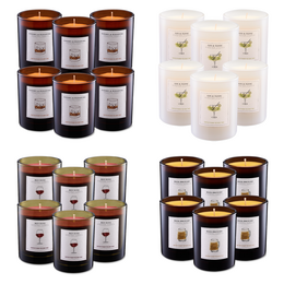  Red wine, beer brewery, whisky woodfire, gin tonic scented candles. Tall cylindrical candles with amber glow and black glass jars.