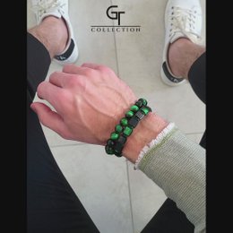 Green Tiger Eye voor heren, zwarte onyx platte kralenarmband