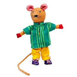 Soft, plush toy mouse in green striped shirt and yellow pants, with red ears and tail. Suitable for children as a cuddly companion.