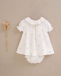  Ecru baby dress with branch print, size 6 months to 36 months. Soft, lightweight cotton fabric with delicate branch print. Puff sleeves and peter pan collar. Matching bloomers included.
