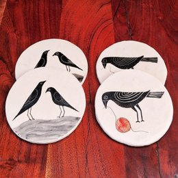  Hand-painted ceramic coasters with black birds, couple design, white and red, round shape.