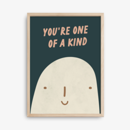  Poster with a simple, minimalist design featuring a smiling character and the text "You're One of a Kind". Available in various sizes and color variants including dark mint, peach, and A4, A3, 40x50, and 50x70 formats. Suitable for decorating a kid's room or nursery.