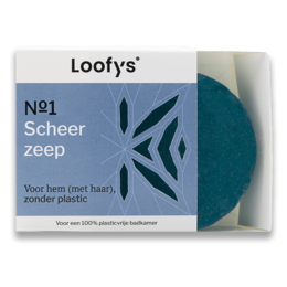 Shaving soap with a blue color and a circular label that says "Scheerseep Loofy's".