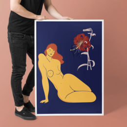 Vibrant abstract wall art featuring a nude female figure in a striking yellow and orange color palette against a deep blue background.
