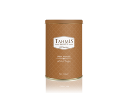 Ground Turkish coffee in a brown tin container. Tahmis brand.
