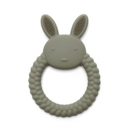 Soft silicone teething toy in the shape of a bunny with textured rings for soothing gums. Available in blush color.
