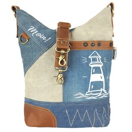 Sunsa Sustainable Hobo Bag. Pouch bag made from recycled jeans & canvas (canvas). Ladies/ girls shoulder bag with adjustable handle. Lightweight large fabric bag with zip closure.