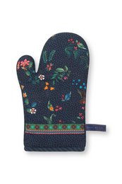  Dark blue oven glove with floral pattern, made of cotton material, suitable for kitchen use.