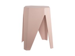  A modern, minimalist pink stool with a geometric, angular design. The stool has a simple, clean shape that would complement a variety of interior styles.