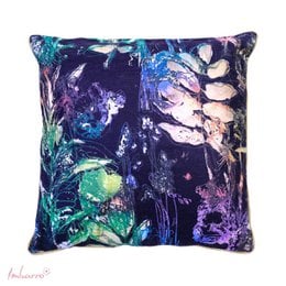 Vibrant, abstract floral cushion with a mix of colors including blue, purple, and green. The cushion has a textured, artistic design that would add a bold, eye-catching accent to any room.