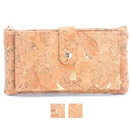 "Gold and silver cork slim card snap long wallet. Made of cork material, this wallet features a snap closure and slim design, available in golden and silver color variants."