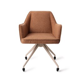 Beige upholstered swivel dining chair with metal base and casters for mobility.