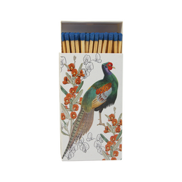  Long matches in a vintage-style box with a colorful pheasant design. The matches are made of wood and the box features a detailed illustration of a pheasant surrounded by floral accents.