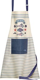 Striped kitchen apron with fish motif, navy blue trim, and adjustable neck strap. Made of durable cotton material.