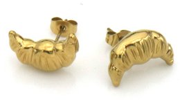  Gold-tone crescent-shaped stud earrings with textured detailing.