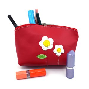 Handmade Full Grain Leather Red Makeup Bag With Cute Flowers
