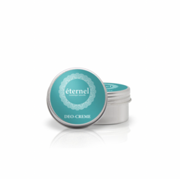 Deodorant cream in a 50g container. Turquoise-colored container with the Eternal logo. Provides long-lasting odor protection.