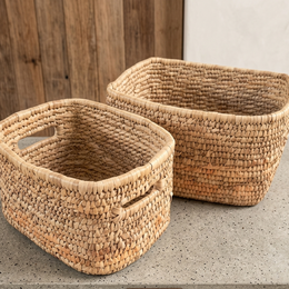  Natural woven storage baskets set of 2, rectangular shape, light tan woven material, home organization.