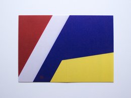 Colorful abstract geometric card with red, blue, and yellow shapes.