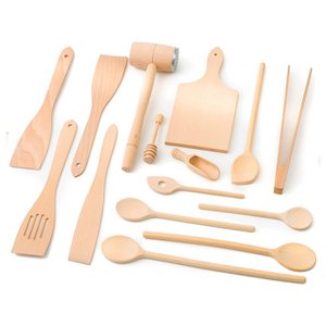 15 Piece Wooden Kitchen Utensil Set (Cooking Spoons, Turners, Honey Spoon, BBQ Tongs, Cutting Board, Meat Hammer, Spice Spoon)