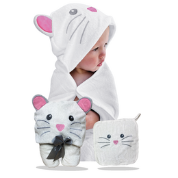  White hooded baby towel with mouse design, 100cm x 83cm in size.