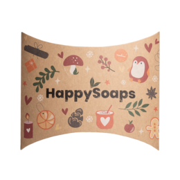 Cheerful, eco-friendly gift packaging with a whimsical nature-inspired design featuring mushrooms, leaves, and hearts.