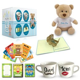 'The product is a birth gift set that includes a plush teddy bear, a set of greeting cards, and a pair of mugs with "Dad" and "Mom" printed on them. The set has a blue and white color scheme, with floral accents. The description should focus on the key details of the product, such as the materials, style, and intended use, to enable effective semantic search.'