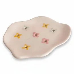 Cream ceramic soap dish, organic wavy shape, hand-painted yellow pink flowers, handmade Spanish pottery