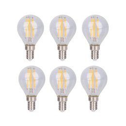 Set of 6 LED bulbs with a "DAFFY" design, suitable for use in light fixtures. The bulbs have a clear glass housing and emit a warm, energy-efficient light.