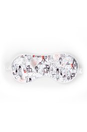 Soft, comfortable silk sleep mask with whimsical illustrated pattern featuring various sleep-related icons and symbols.