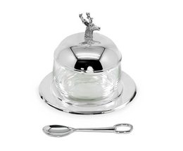 Silver-plated jam jar with deer-shaped lid, glass container, and spoon. Dimensions: height 11 cm, diameter 14 cm, glass diameter 10 cm.