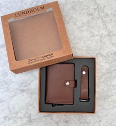 Læderkortholder + nøgleorganer brun — gavesæt til mænd — Lundholm Örebro Safety Wallet