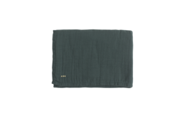Dark green tetra swaddle blanket made of soft, breathable fabric.