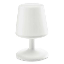  A white, modern table lamp with a simple, minimalist design. The lamp has a round, dome-shaped shade and a pedestal base, creating a clean and contemporary look suitable for various home decor styles.