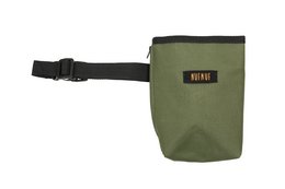 Olive green pet treat bag with adjustable strap and black logo.