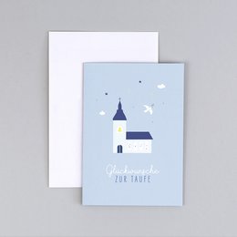 This christening card features a simple, minimalist design with a church silhouette and the text "Christening the little one" in a soft blue color. The card has a clean, elegant aesthetic that would be suitable for a christening or baptism celebration.