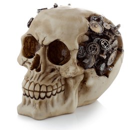 Steampunk style skull statue with cogs and gears, made of resin material, featuring a detailed and intricate design.