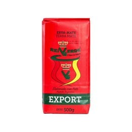 Green yerba mate tea from Argentina, packaged in a red box with the brand name "Rei" prominently displayed. The product contains 500 grams of yerba mate with stem.