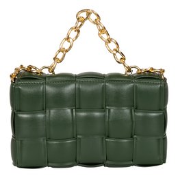 A green woven shoulder bag with a gold chain strap. The bag has a structured, quilted design and a sleek, minimalist appearance.