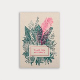  "Postcard with colorful tropical leaves and the text 'Thank you very much' in pink."

The image shows a postcard with a vibrant floral and leaf design in various shades of green, pink, and teal. The text "THANK YOU VERY MUCH" is prominently displayed in pink lettering on the card. The overall design has a tropical, nature-inspired aesthetic.