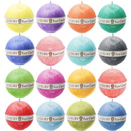 Eco Palm Wax Candles Sphere - 18 variations. Colorful spherical candles made from palm wax. Available in a range of vibrant hues including bright green, burgundy, coral, dark blue, fuchsia, and more.