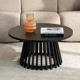  Round black wood coffee table, modern minimalist design, 80cm diameter, slatted base pedestal