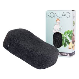 A thick, charcoal-infused konjac bath sponge for oily or blemished skin. The sponge is dark gray in color and has a natural, irregular shape.