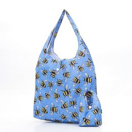 Blue reusable shopping bag with a repeating pattern of yellow and black bees.