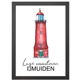 A framed poster featuring a vibrant red lighthouse in Ijmuiden, Netherlands. The lighthouse has a distinctive design with a blue and white striped tower and a red base. The text "Lage vuurtoren Ijmuiden" is included, indicating this is the lower lighthouse in Ijmuiden.