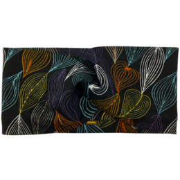  Headband with abstract leaf-like pattern in shades of green, navy, and gold. Made of stretchy ponte jersey material.