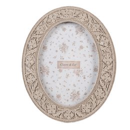  Oval beige photo frame with intricate floral pattern border, suitable for 10x15 cm photo.